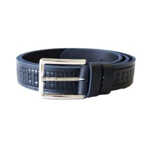 Dark blue leather belt GRID for men 3.5 cm with embossed geometric pattern and rectangular silver buckle - Noble Belts