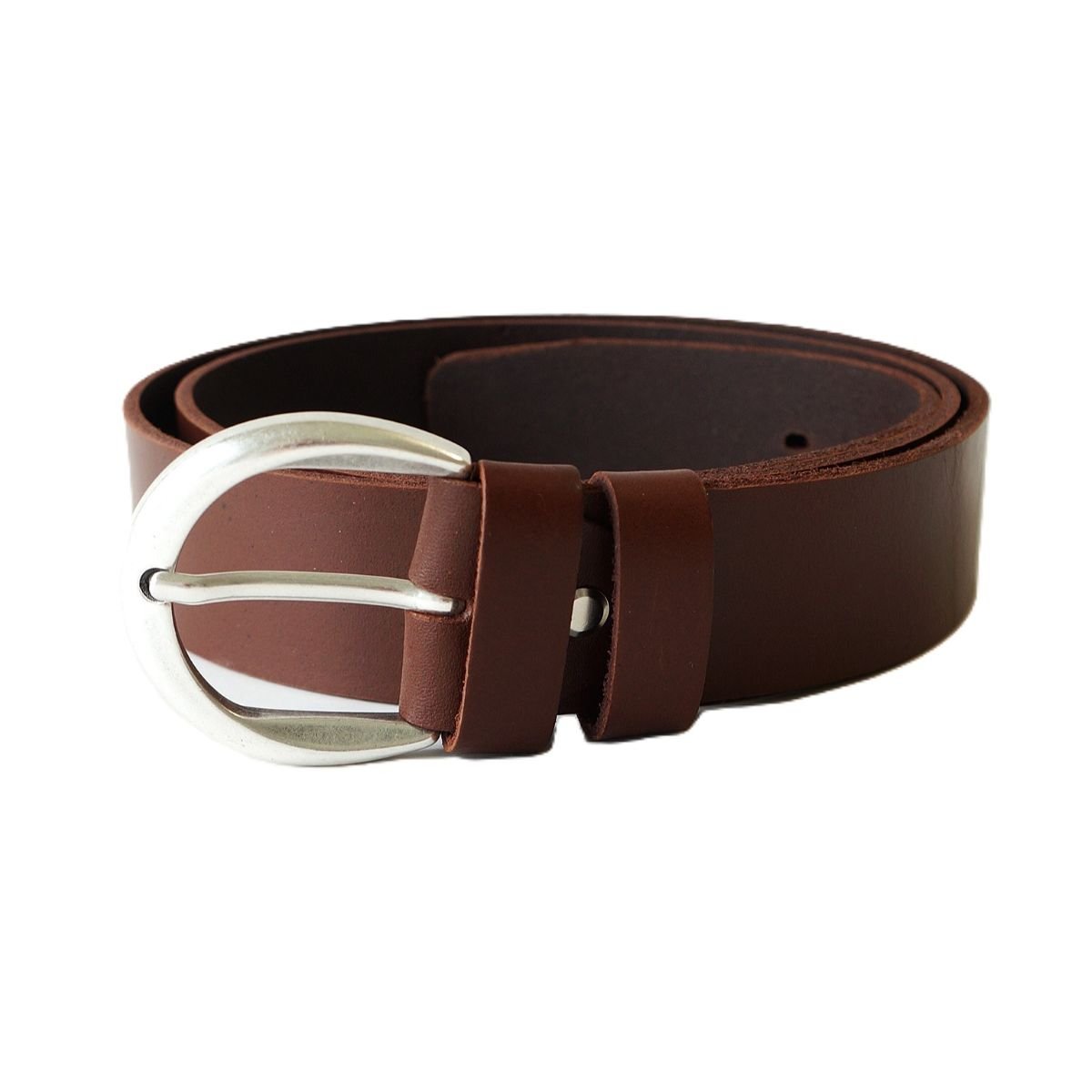 Brown cognac leather belt for women 4 cm with rounded silver buckle - Noble Belts