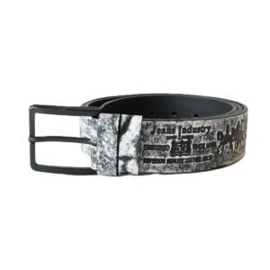 Exclusive black and white leather belt for men with pattern and black buckle