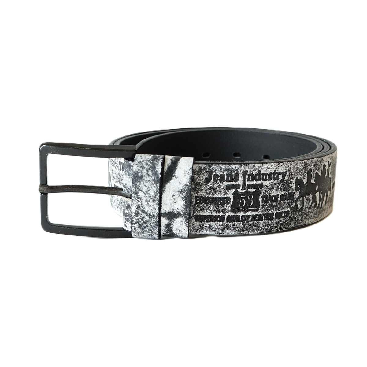 Exclusive black and white leather belt for men with pattern and black buckle