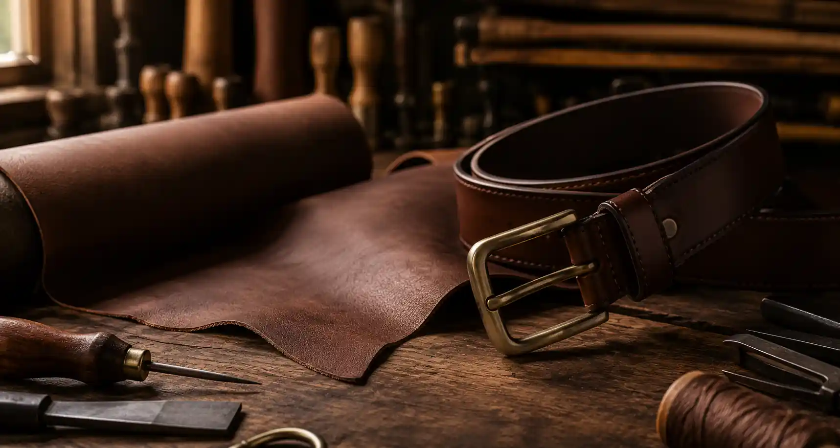Premium leather belt crafted from genuine leather in a traditional workshop.