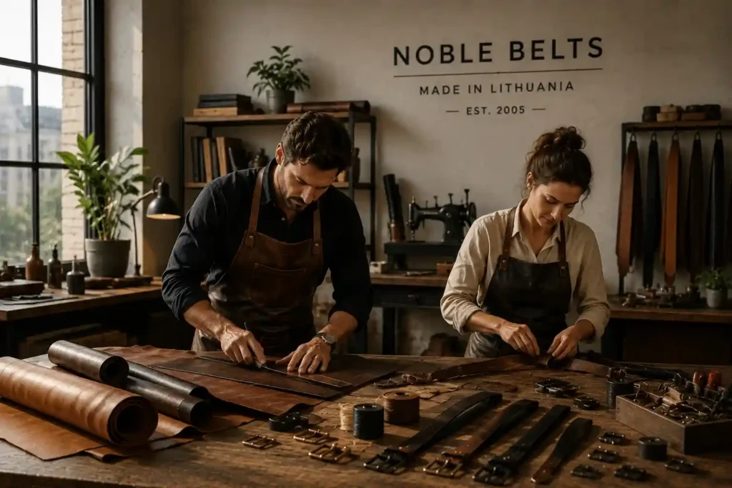 Two leather artisans crafting genuine leather belts in a modern workshop, representing Noble Belts' leather craftsmanship and experience since 2005.