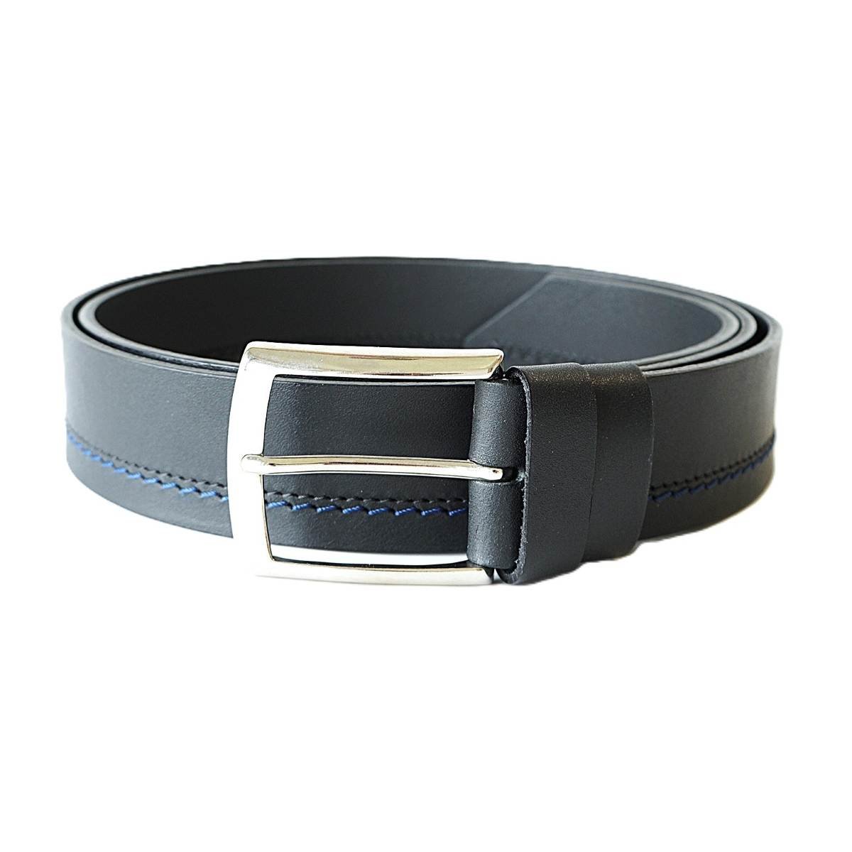 Black men's leather belt with blue contrast stitching, 4 cm wide – Noble Belts