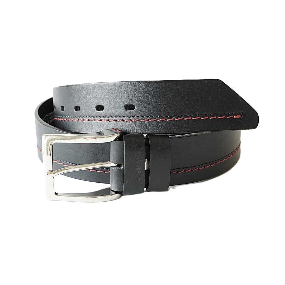 Black men's leather belt with red contrast stitching, 4 cm wide – Noble Belts - buckle and ending