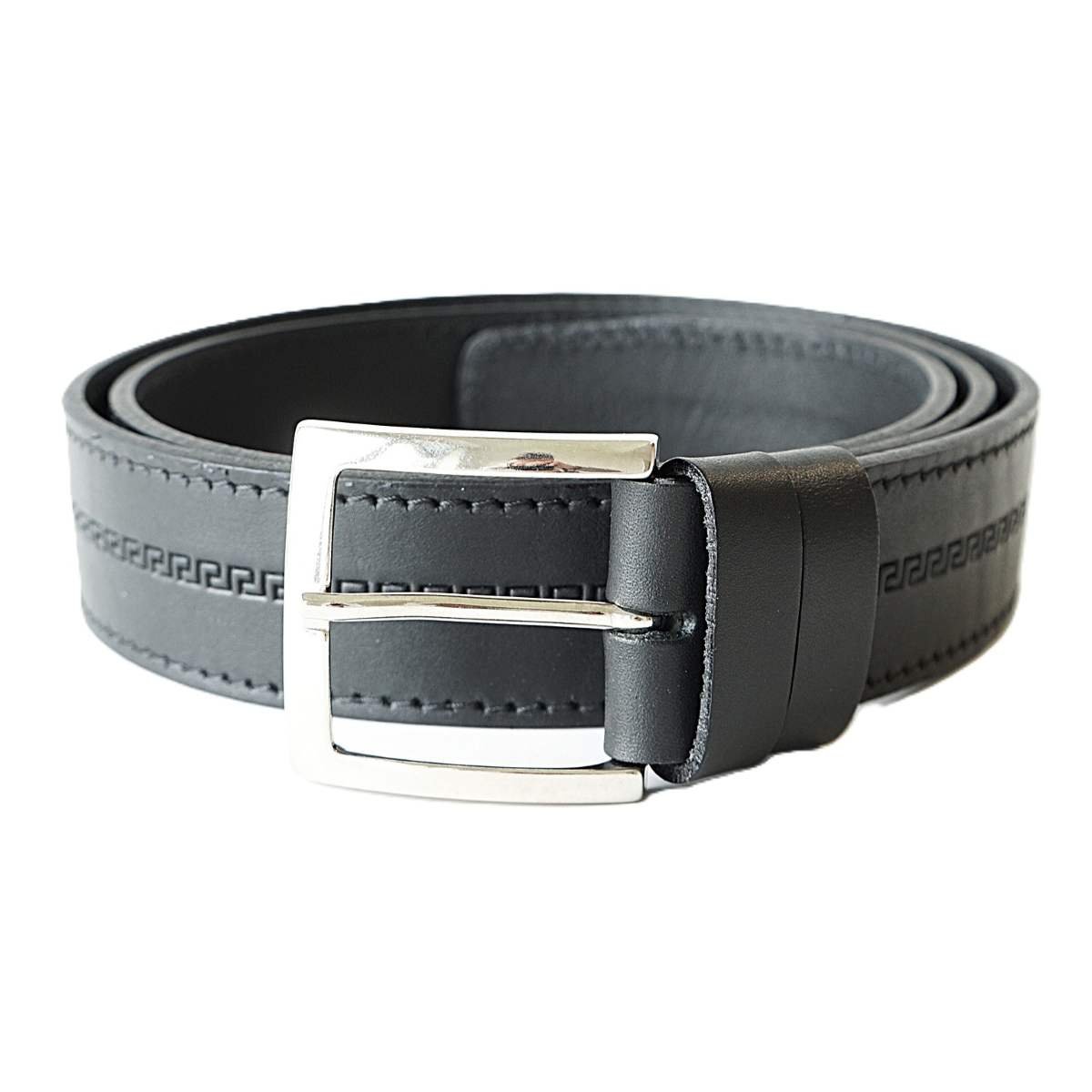 Stylish black men's leather belt with embossed pattern for jeans, 4 cm wide - Noble Belts