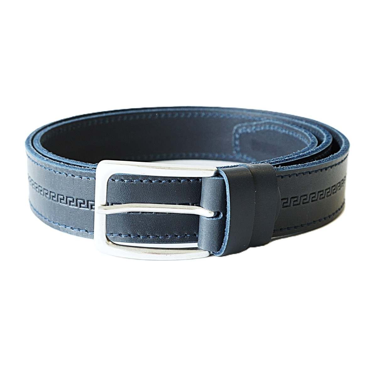 Dark blue men's leather belt with embossed pattern, 3.5 cm wide - Noble Belts