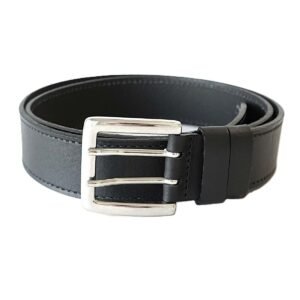 Black leather men's belt with double prong buckle and stitched edges, 4 cm wide - Noble Belts