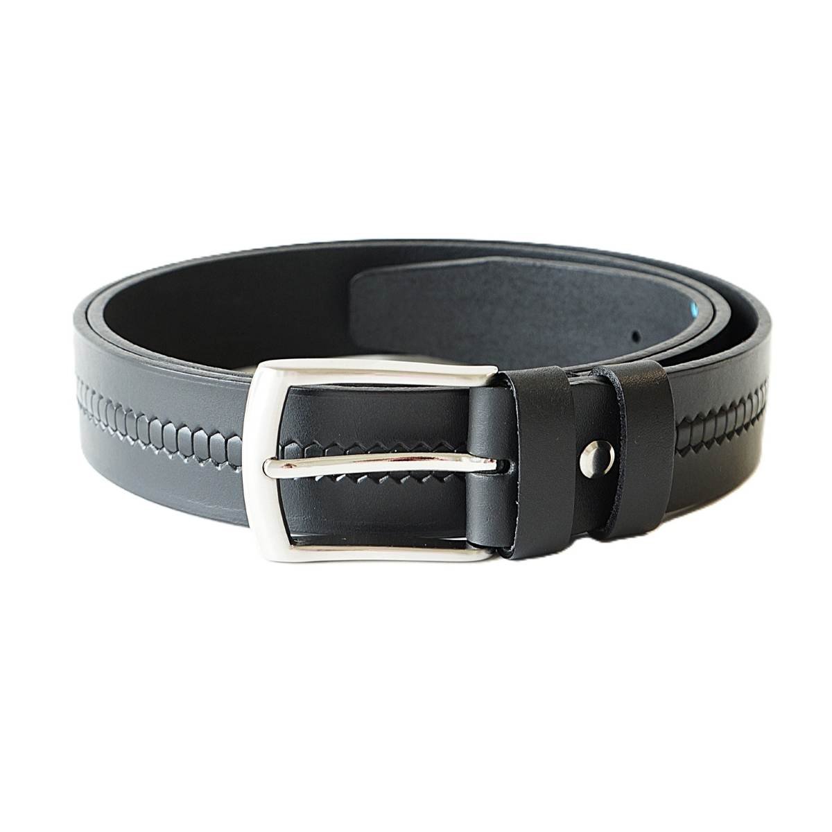 Black men's leather belt with embossed pattern, 3.5 cm wide - Noble Belts