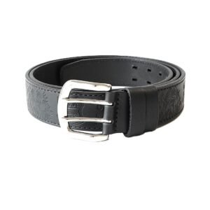 Black men's leather belt with embossed pattern and double prong buckle, 4 cm wide - Noble Belts